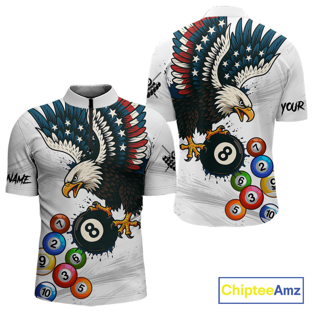 American Flag Eagle 8 Ball Pool Billiard Shirt For Men Custom Billiard Team Jersey Polo & 1/4 Zip TDM5550