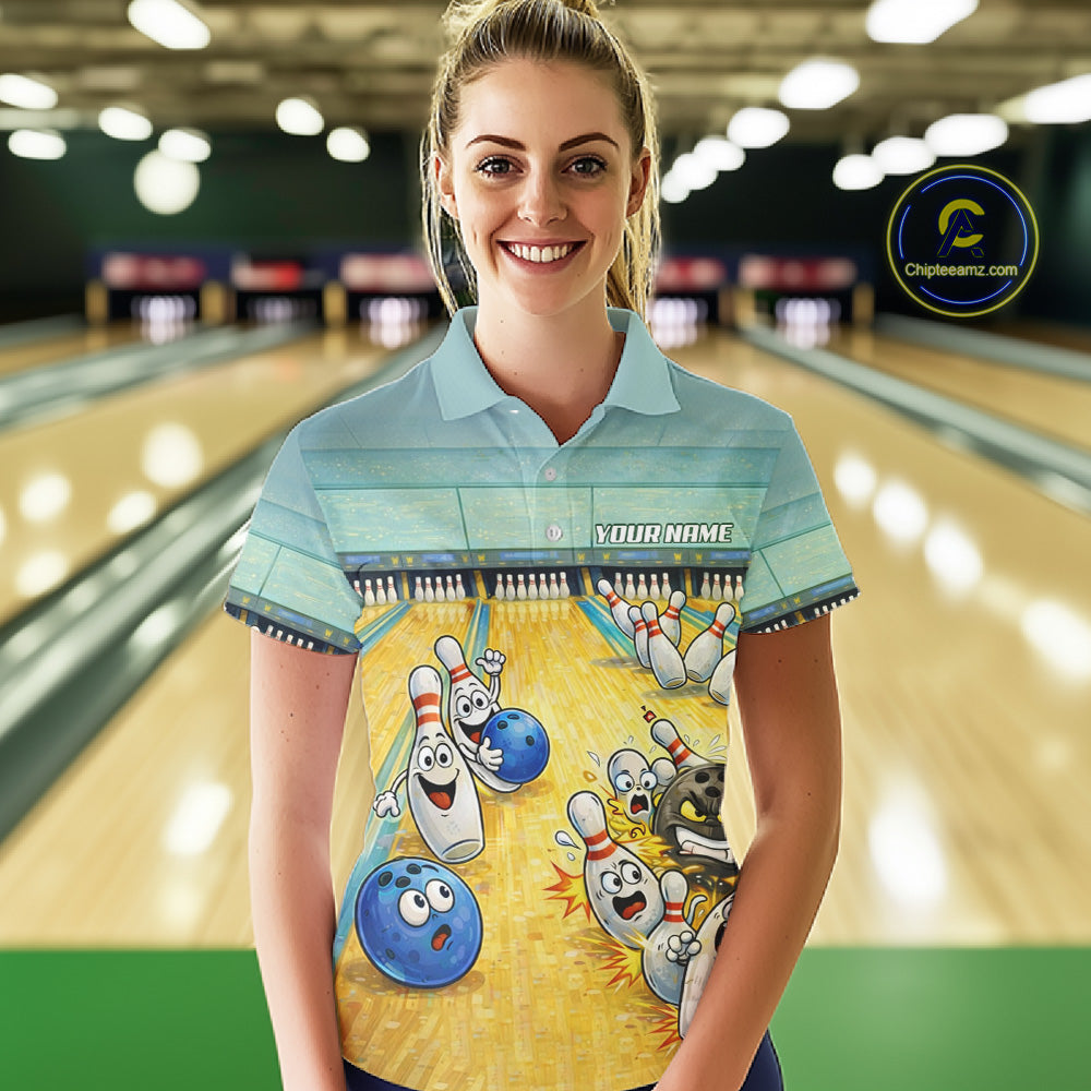 Funny Strike Bowling Polo & Quarter Zip For Women Custom Bowling Team Jersey, Bowling Outfit TDM6168
