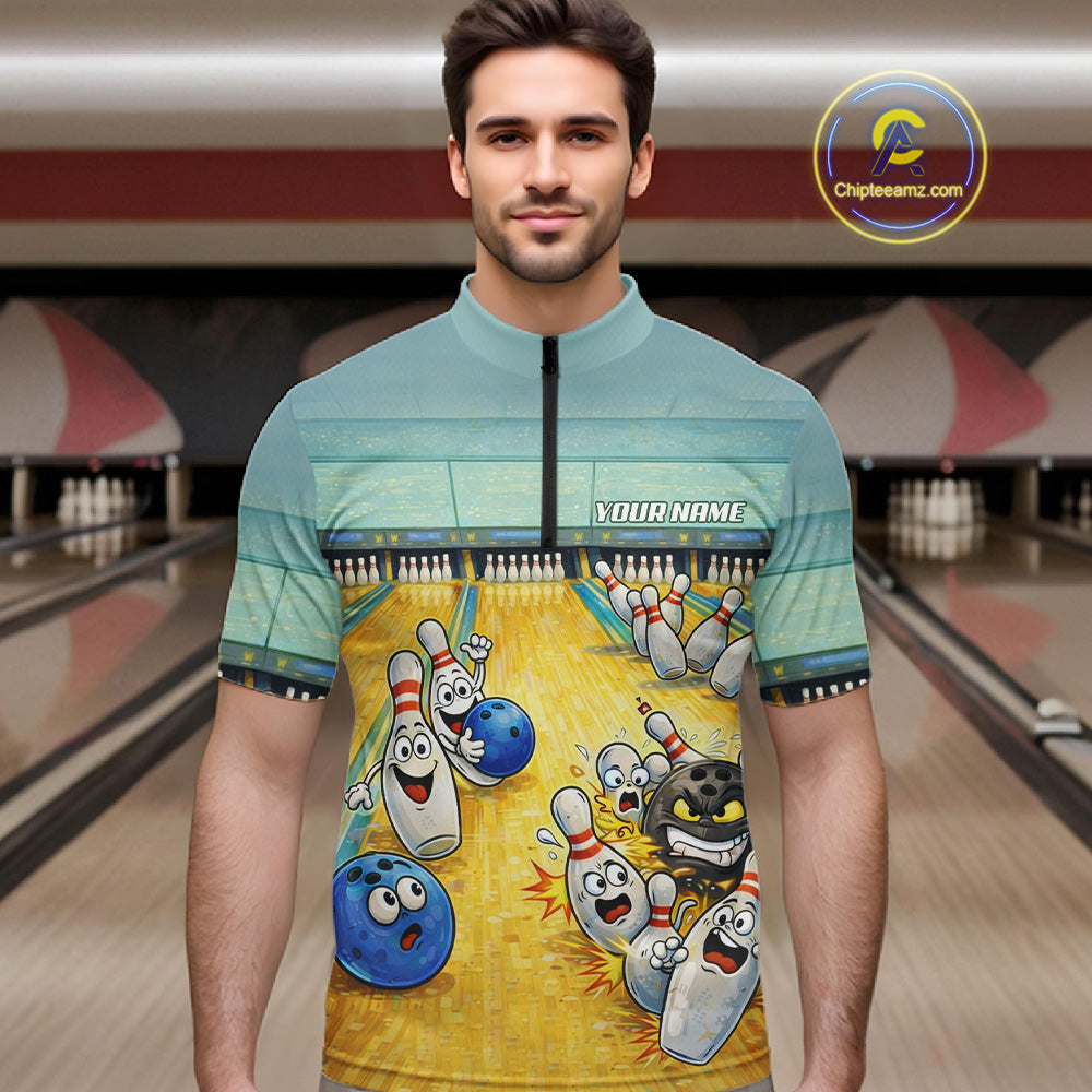 Funny Strike Bowling Polo & Quarter Zip For Men Custom Bowling Team Jersey, Bowling Outfit TDM6168