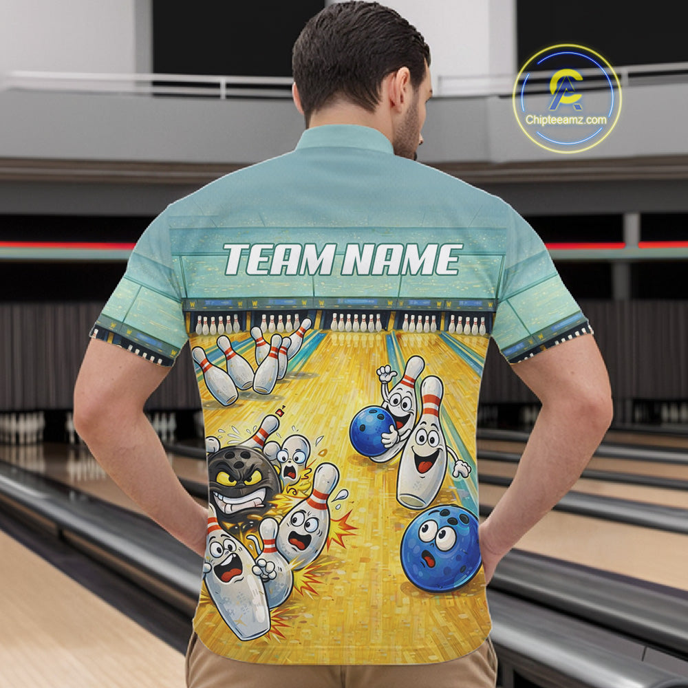Funny Strike Bowling Polo & Quarter Zip For Men Custom Bowling Team Jersey, Bowling Outfit TDM6168