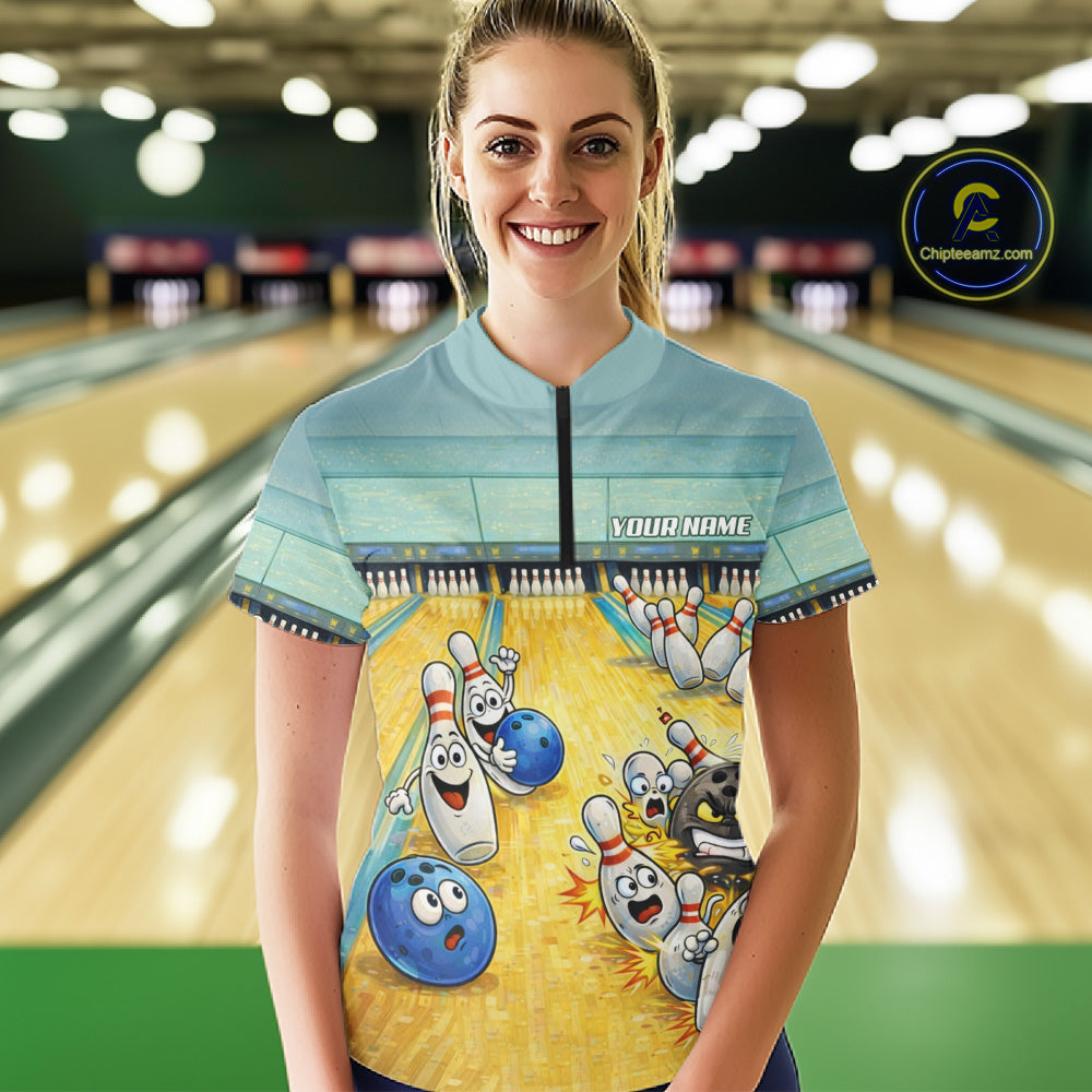 Funny Strike Bowling Polo & Quarter Zip For Women Custom Bowling Team Jersey, Bowling Outfit TDM6168