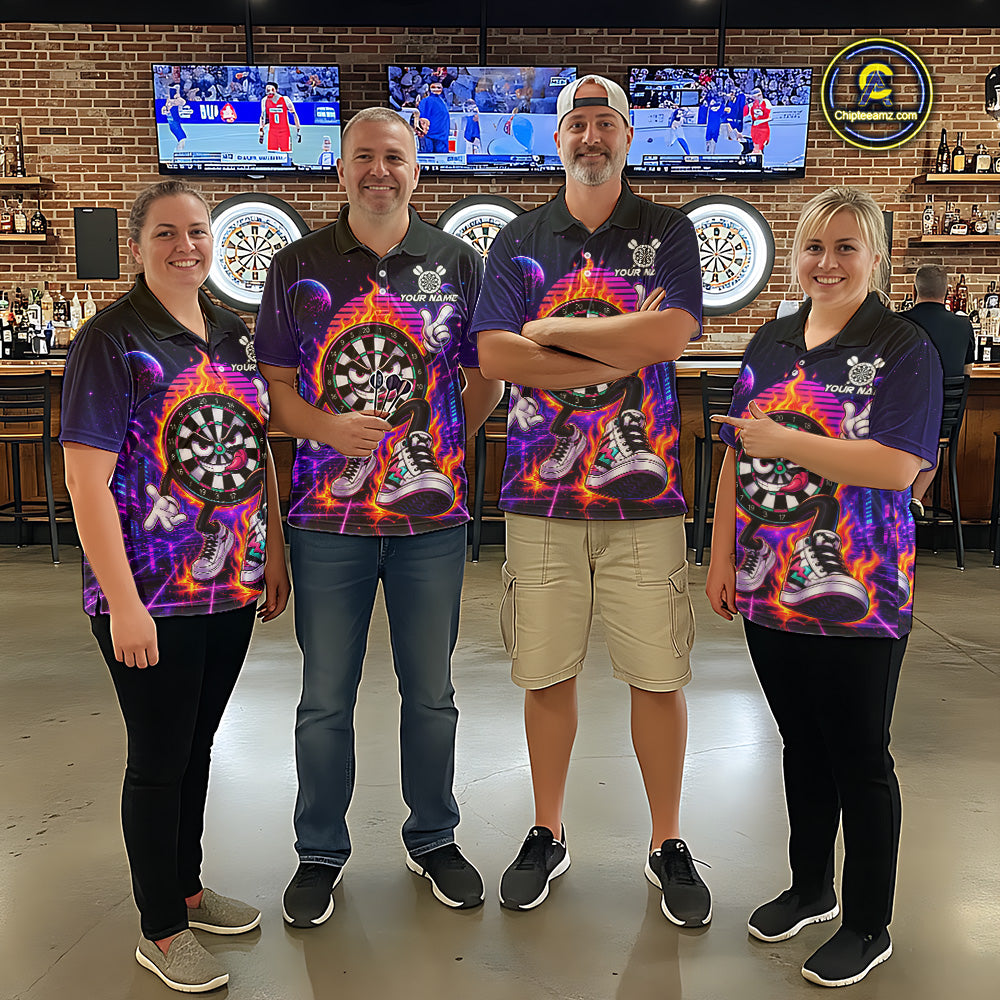 Dart Team Wearing Personalized Funny Flame Dartboard Neon Darts Jerseys During League Competition and Tournament Matches, Front View