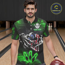 Load image into Gallery viewer, Green Flaming American Flag Skull Bowling Shirt For Men Custom Fire Bowling Team Jersey TDM4656