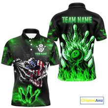 Load image into Gallery viewer, Green Flaming American Flag Skull Bowling Shirt For Men Custom Fire Bowling Team Jersey TDM4656