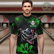 Load image into Gallery viewer, Green Flaming American Flag Skull Bowling Shirt For Men Custom Fire Bowling Team Jersey TDM4656