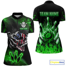 Load image into Gallery viewer, Green Flaming American Flag Skull Bowling Shirt For Women Custom Fire Bowling Team Jersey TDM4656