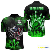 Load image into Gallery viewer, Green Flaming American Flag Skull Bowling Shirt For Men Custom Fire Bowling Team Jersey TDM4656