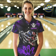 Load image into Gallery viewer, Purple Flaming American Flag Skull Bowling Shirt For Women Custom Fire Bowling Team Jersey TDM4657