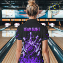Load image into Gallery viewer, Purple Flaming American Flag Skull Bowling Shirt For Women Custom Fire Bowling Team Jersey TDM4657