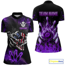 Load image into Gallery viewer, Purple Flaming American Flag Skull Bowling Shirt For Women Custom Fire Bowling Team Jersey TDM4657