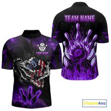 Load image into Gallery viewer, Purple Flaming American Flag Skull Bowling Shirt For Men Custom Fire Bowling Team Jersey TDM4657
