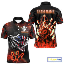 Load image into Gallery viewer, Red Flaming American Flag Skull Bowling Shirt For Men Custom Fire Bowling Team Jersey TDM4658
