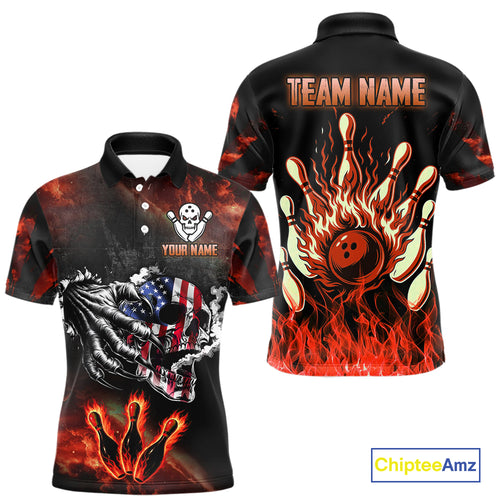 Red Flaming American Flag Skull Bowling Shirt For Men Custom Fire Bowling Team Jersey TDM4658