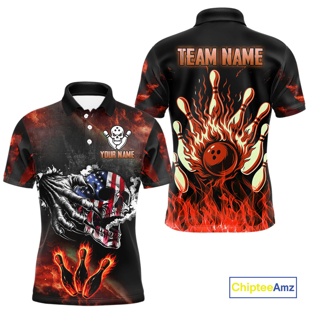 Red Flaming American Flag Skull Bowling Shirt For Men Custom Fire Bowling Team Jersey TDM4658