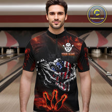 Load image into Gallery viewer, Red Flaming American Flag Skull Bowling Shirt For Men Custom Fire Bowling Team Jersey TDM4658