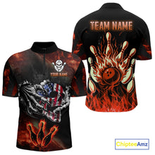 Load image into Gallery viewer, Red Flaming American Flag Skull Bowling Shirt For Men Custom Fire Bowling Team Jersey TDM4658