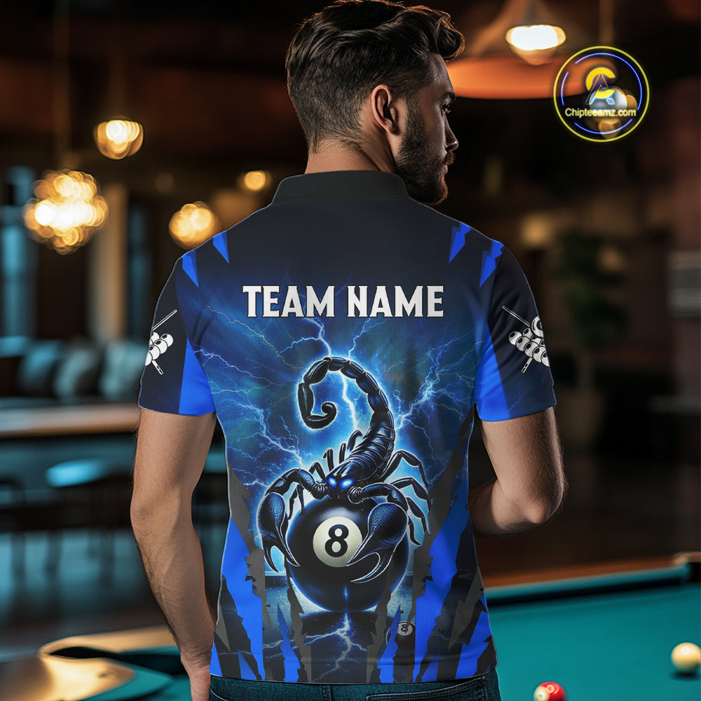 Personalized Thunder Lightning Scorpion Billiard Shirt For Men, 8 Ball Billiard Team Jerseys |Blue TDM4867