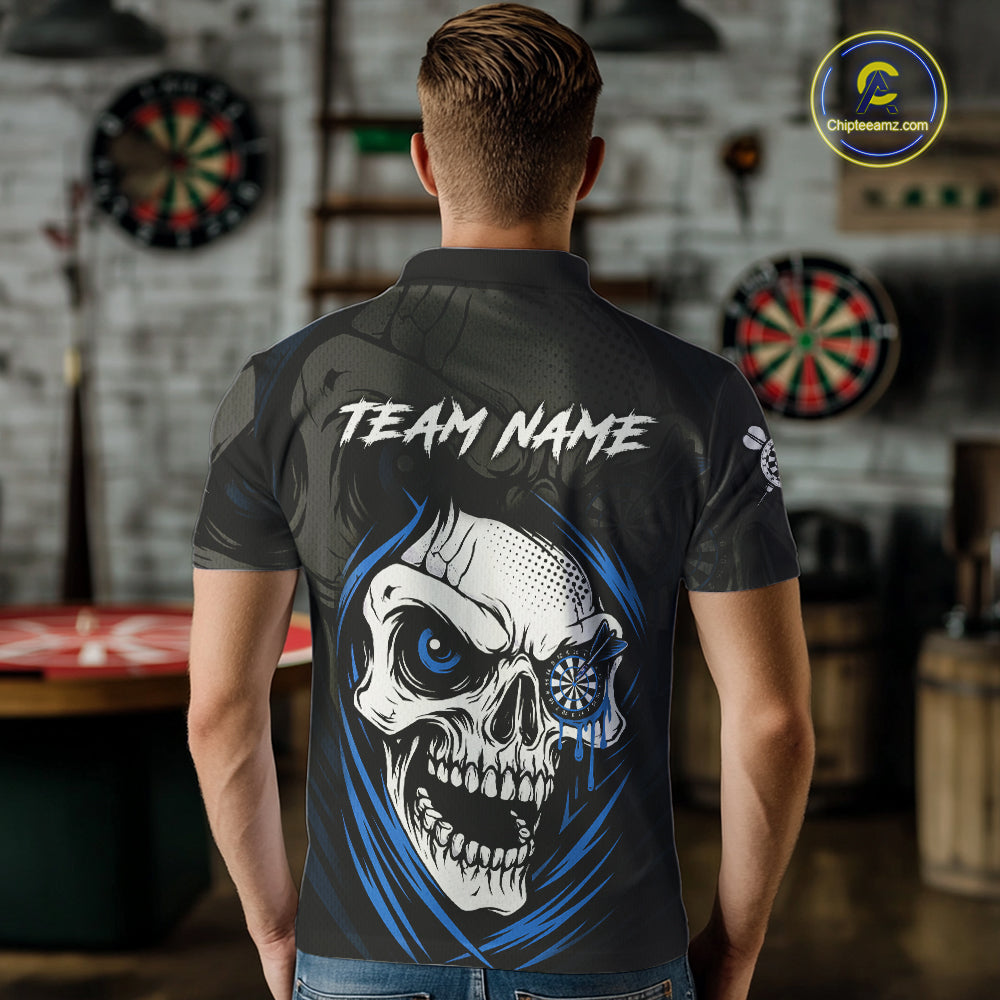 Personalized Funny Skull Darts Shirts For Men Custom Darts Jersey Team Polo & Quarter Zip |Blue TDM5296