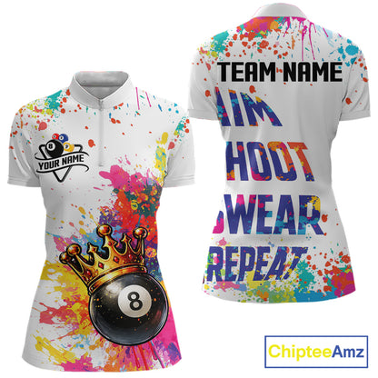 Colorful 8 Ball Crown Aim Shoot Swear Repeat Billiard Shirt For Women Custom Pool Team Jersey|White TDM5795