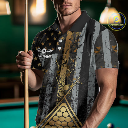 Custom Golden Grunge US Flag Patriotic Men's Billiard Shirt, 8 Ball Pool Jersey Polo & 1/4 Zip TDM6176