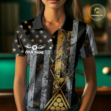 Load image into Gallery viewer, Custom Golden Grunge US Flag Patriotic Women's Billiard Shirt, 8 Ball Pool Jersey Polo &amp; 1/4 Zip TDM6176