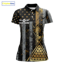 Load image into Gallery viewer, Custom Golden Grunge US Flag Patriotic Women's Billiard Shirt, 8 Ball Pool Jersey Polo &amp; 1/4 Zip TDM6176