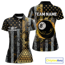 Load image into Gallery viewer, Custom Golden Grunge US Flag Patriotic Women's Billiard Shirt, 8 Ball Pool Jersey Polo &amp; 1/4 Zip TDM6176