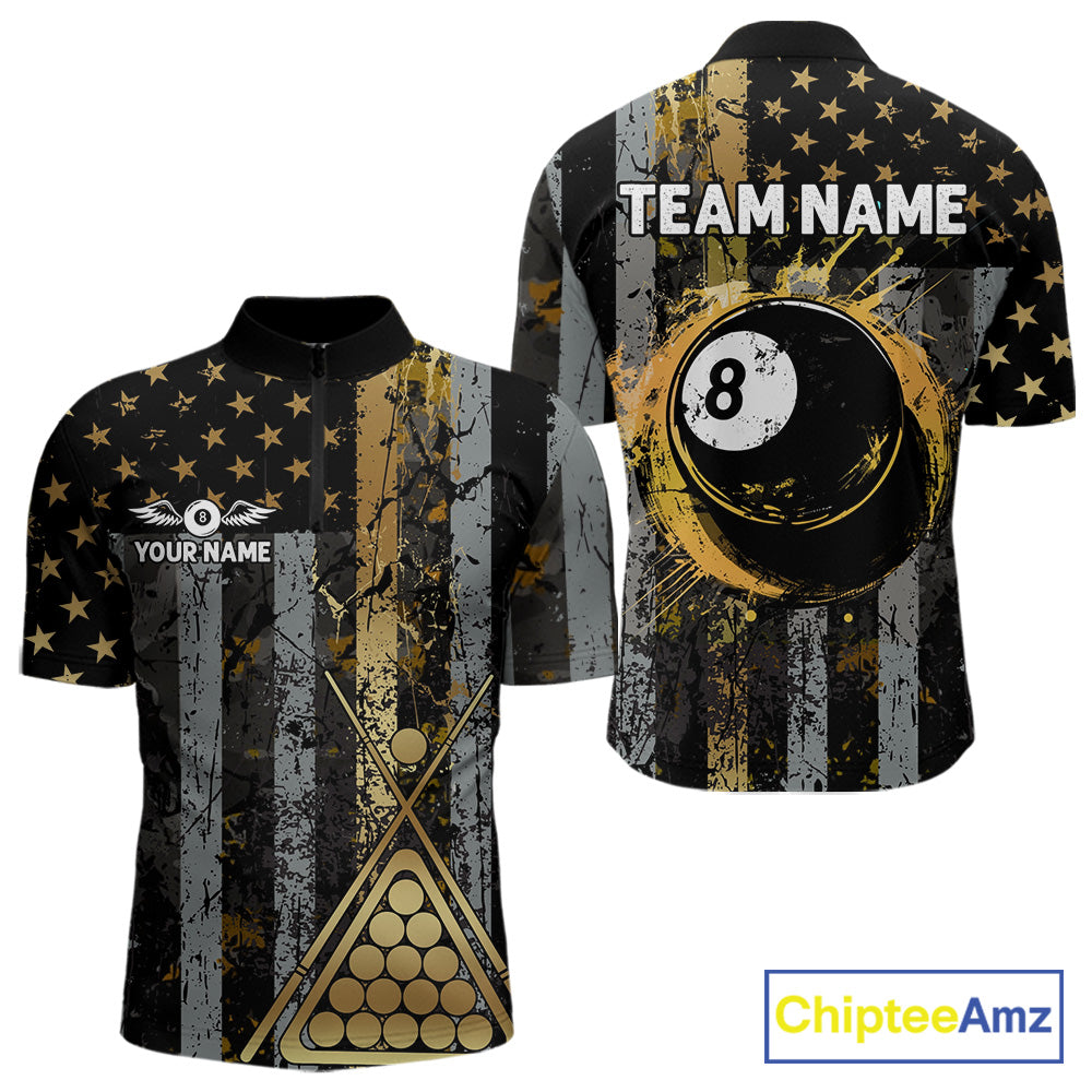 Custom Golden Grunge US Flag Patriotic Men's Billiard Shirt, 8 Ball Pool Jersey Polo & 1/4 Zip TDM6176