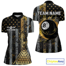 Load image into Gallery viewer, Custom Golden Grunge US Flag Patriotic Women's Billiard Shirt, 8 Ball Pool Jersey Polo &amp; 1/4 Zip TDM6176
