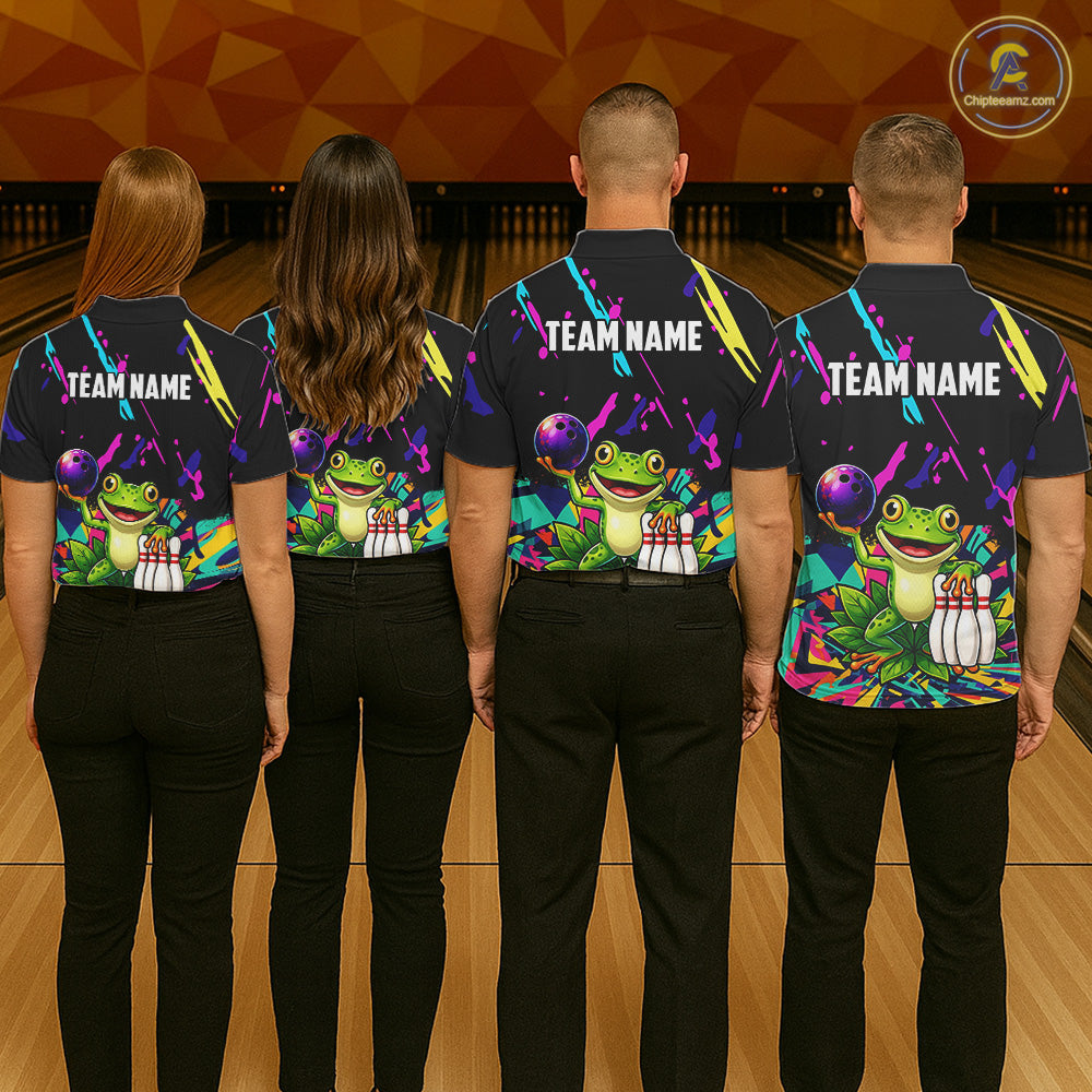 Four people wearing matching shirts with a frog graphic and 'TEAM NAME' text on a bowling alley background.