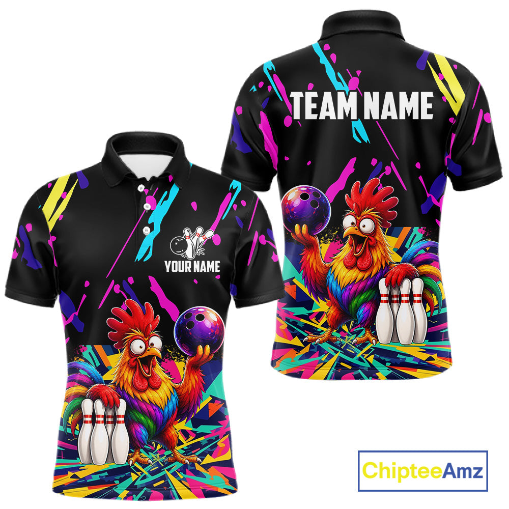Colorful bowling polo shirt with  chicken design and customizable your name & team name
