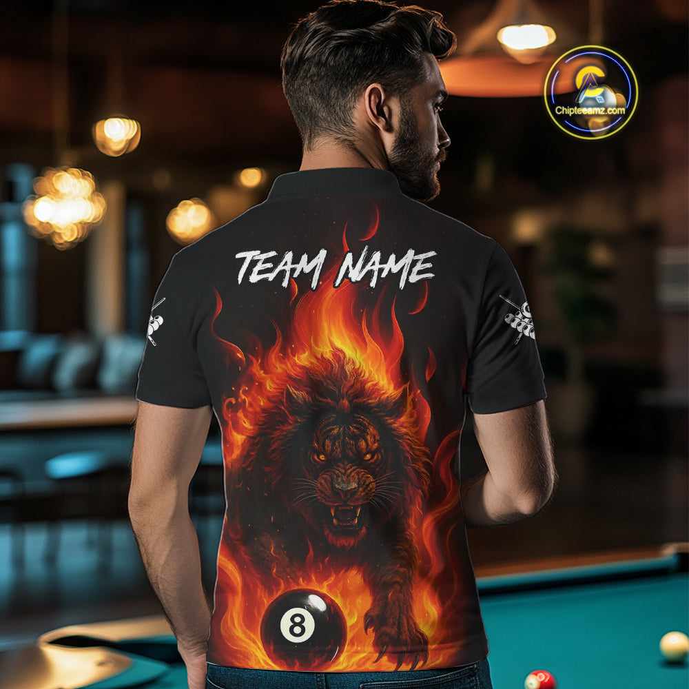 Orange Flaming Lion 8 Ball Billiard Shirts For Men Custom Fire Billiard Team Jersey Polo & 1/4 Zip TDM5305