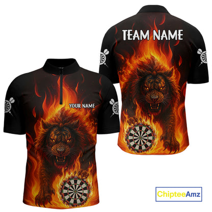 Orange Flaming Lion Darts Shirts For Men Custom Fire Darts League Jersey Team Polo & 1/4 Zip TDM5308