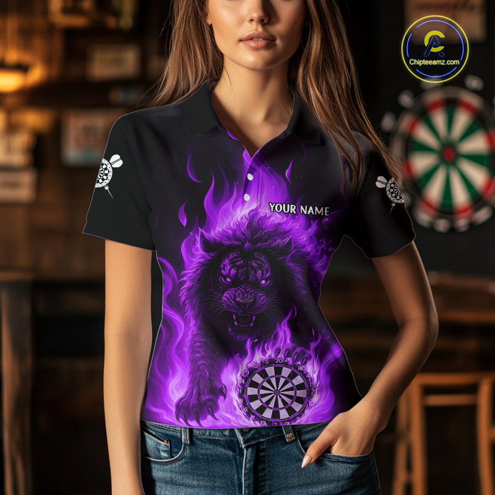 Purple Flaming Lion Darts Shirts For Women Custom Fire Darts League Jersey Team Polo & 1/4 Zip TDM5310