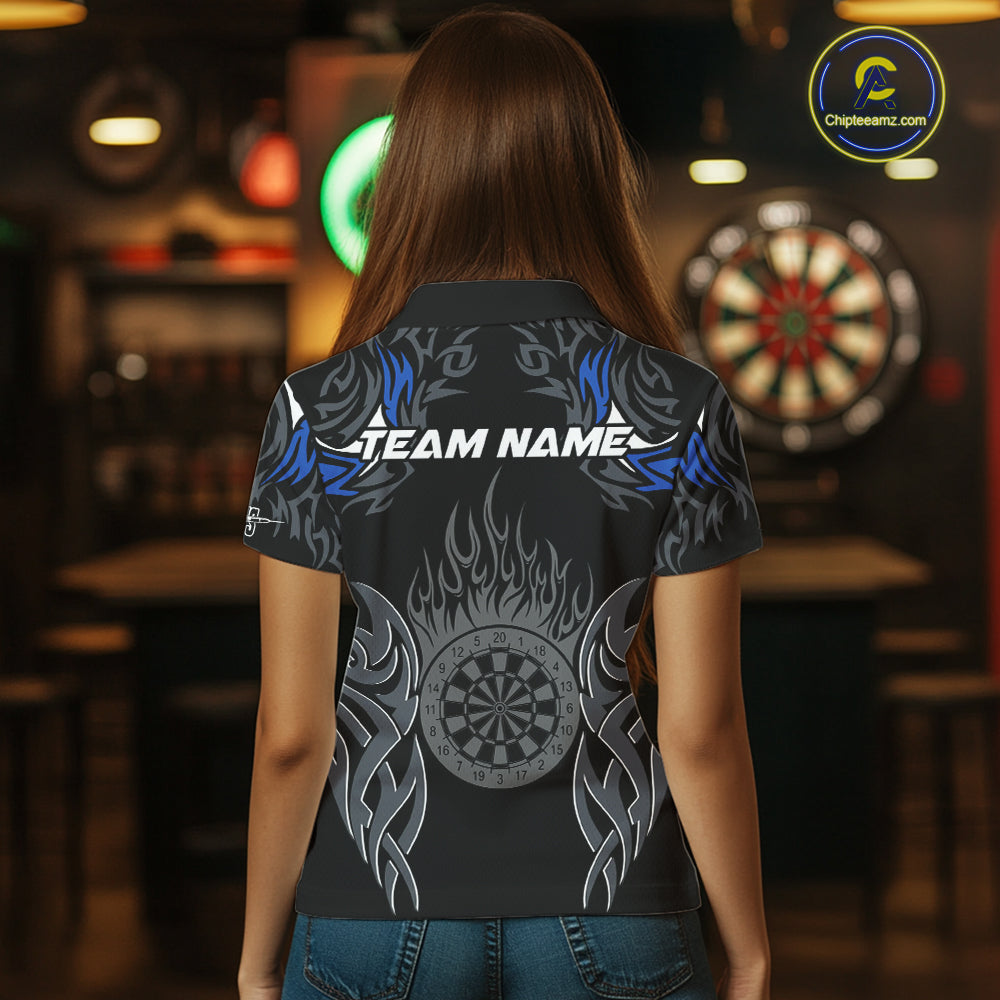 Personalized Darts Tournament Jerseys For Women Custom Dartboard Fire Flame Darts Shirts |Blue TDM5565