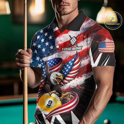 Custom American Flag Eagle Billiard Shirt For Men, Patriotic 9 Ball Pool Team Jersey Polo, 1/4 Zip TDM6182