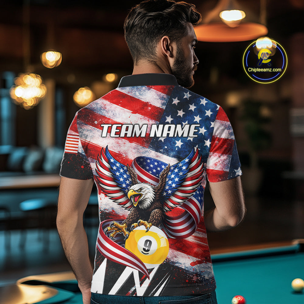 Custom American Flag Eagle Billiard Shirt For Men, Patriotic 9 Ball Pool Team Jersey Polo, 1/4 Zip TDM6182