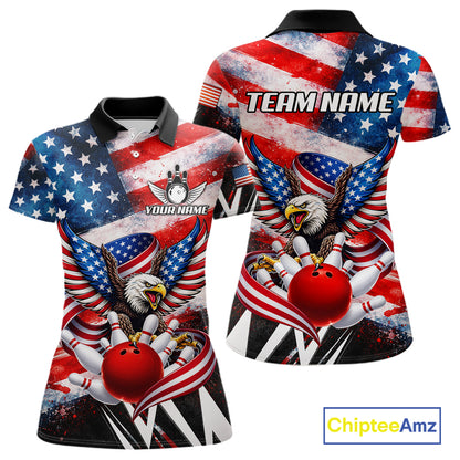 Custom American Flag Eagle Bowling Jersey For Women, Patriotic Bowling Team Shirt Polo & 1/4 Zip TDM6183