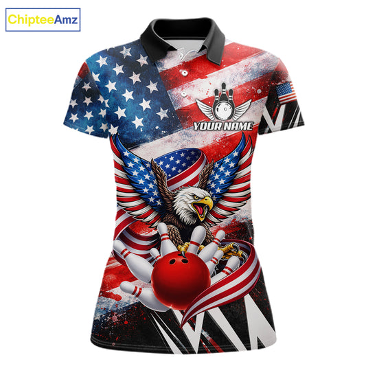 Custom American Flag Eagle Bowling Jersey For Women, Patriotic Bowling Team Shirt Polo & 1/4 Zip TDM6183