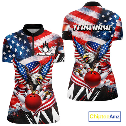 Custom American Flag Eagle Bowling Jersey For Women, Patriotic Bowling Team Shirt Polo & 1/4 Zip TDM6183