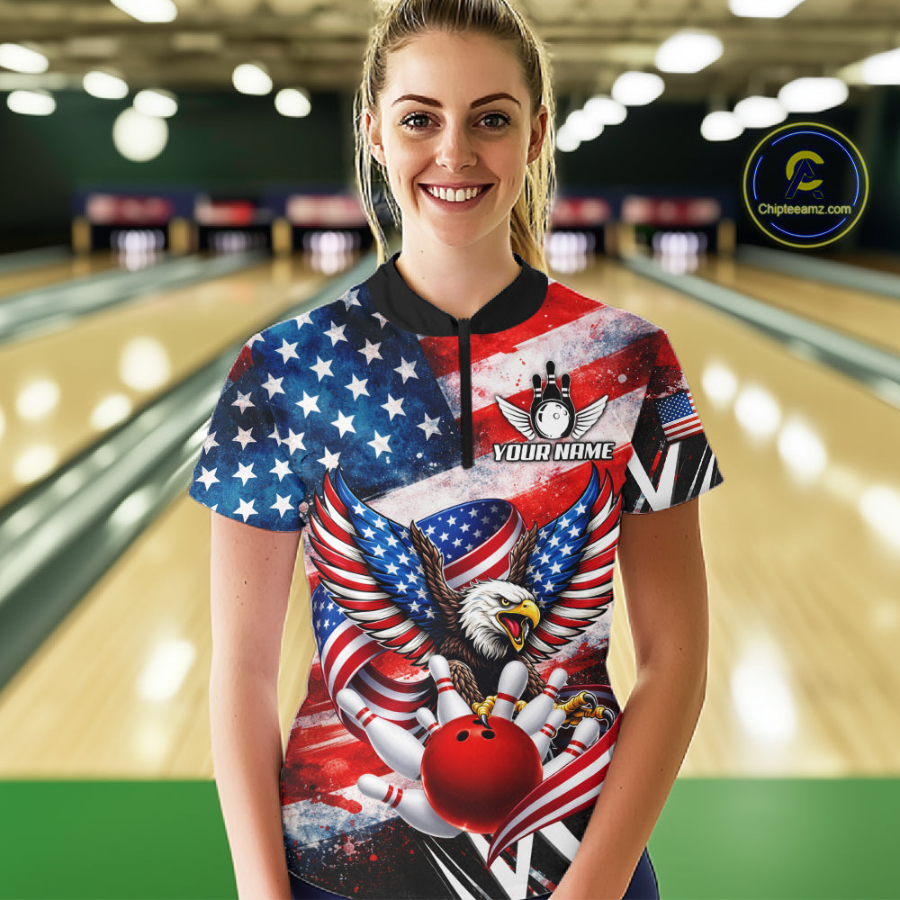 Custom American Flag Eagle Bowling Jersey For Women, Patriotic Bowling Team Shirt Polo & 1/4 Zip TDM6183