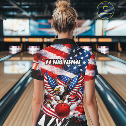 Custom American Flag Eagle Bowling Jersey For Women, Patriotic Bowling Team Shirt Polo & 1/4 Zip TDM6183