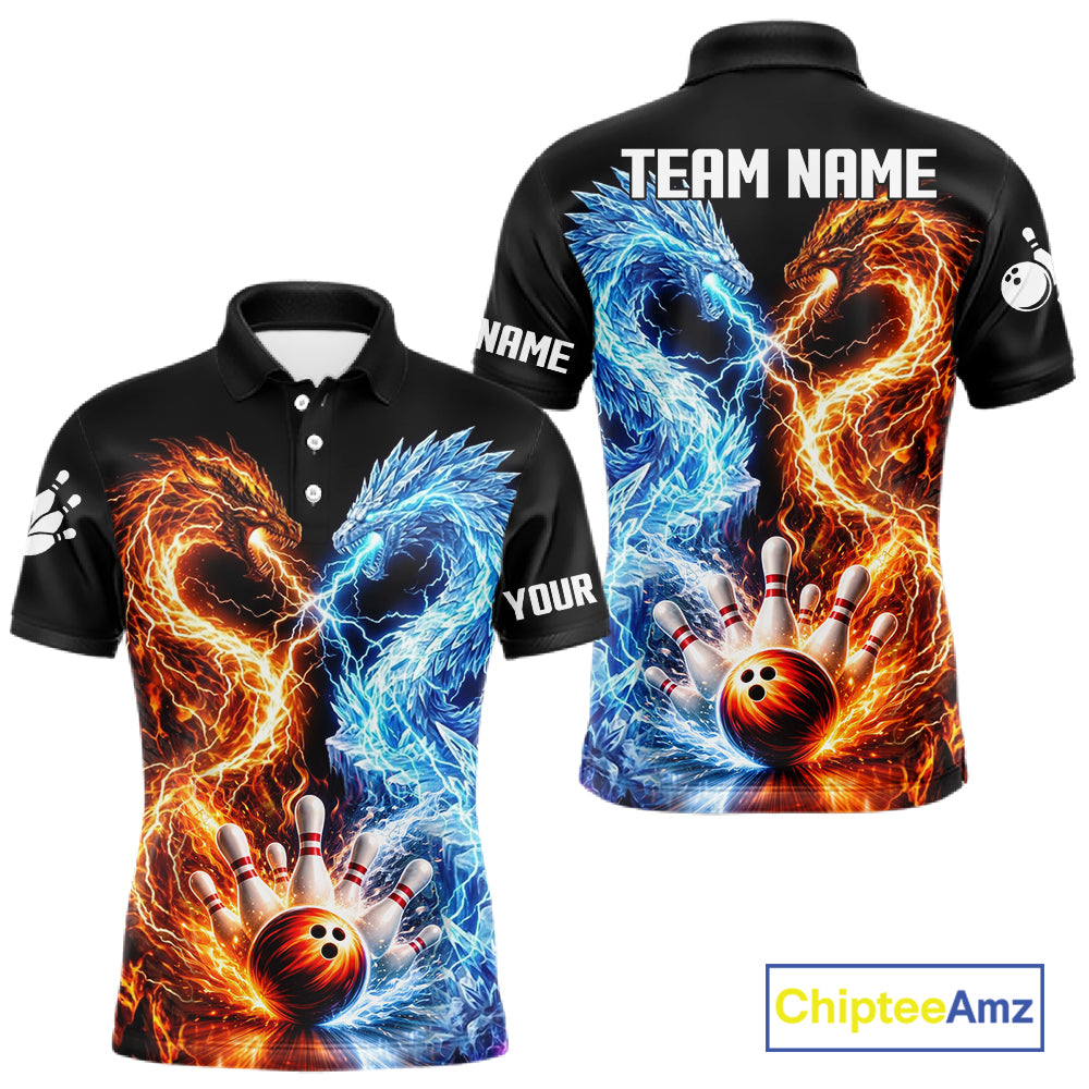 Personalized Fire And Icy Dragon Bowling Shirt For Men, Lightning Bowling Jersey Polo & 1/4 Zip TDM6185