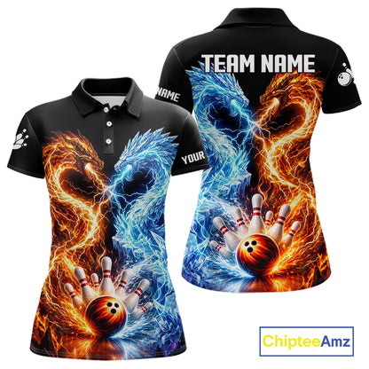 Personalized Fire And Icy Dragon Bowling Shirt For Women, Lightning Bowling Jersey Polo & 1/4 Zip TDM6185