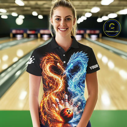 Personalized Fire And Icy Dragon Bowling Shirt For Women, Lightning Bowling Jersey Polo & 1/4 Zip TDM6185