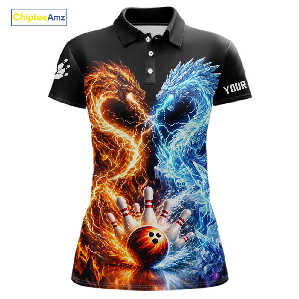 Personalized Fire And Icy Dragon Bowling Shirt For Women, Lightning Bowling Jersey Polo & 1/4 Zip TDM6185