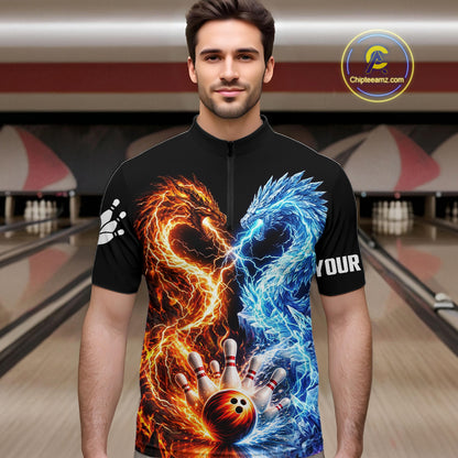 Personalized Fire And Icy Dragon Bowling Shirt For Men, Lightning Bowling Jersey Polo & 1/4 Zip TDM6185