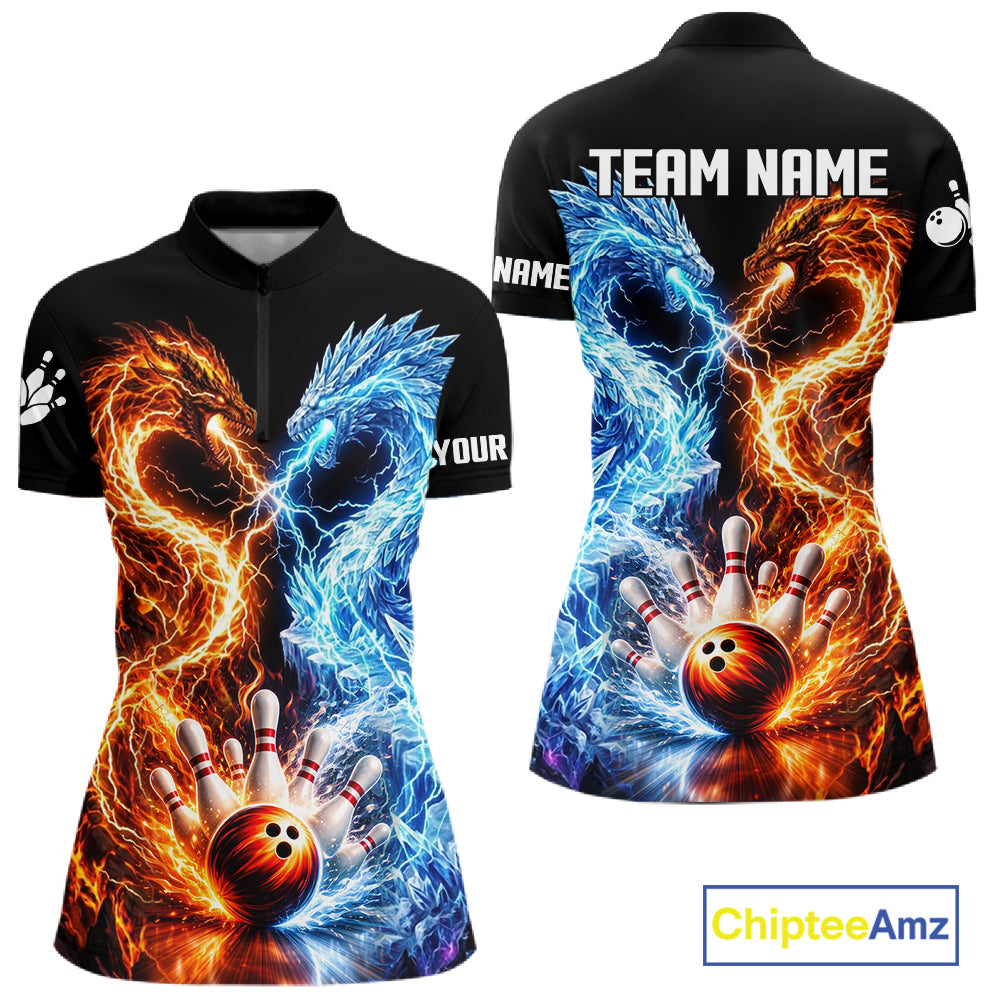 Personalized Fire And Icy Dragon Bowling Shirt For Women, Lightning Bowling Jersey Polo & 1/4 Zip TDM6185