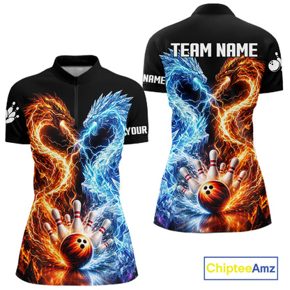 Personalized Fire And Icy Dragon Bowling Shirt For Women, Lightning Bowling Jersey Polo & 1/4 Zip TDM6185
