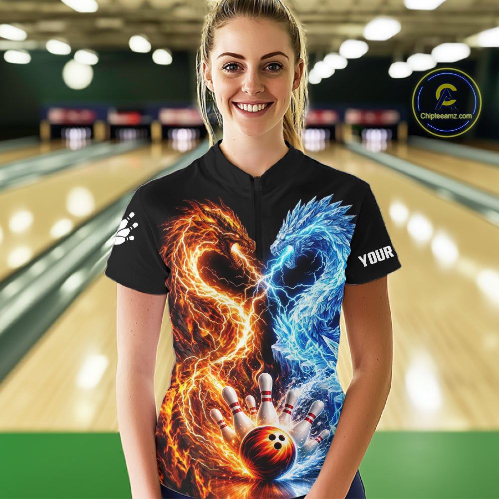Personalized Fire And Icy Dragon Bowling Shirt For Women, Lightning Bowling Jersey Polo & 1/4 Zip TDM6185